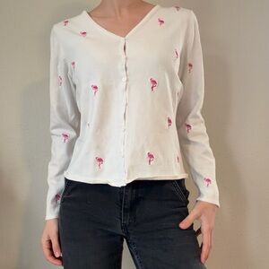 White and Pink Flamingo Embroidered Women's Top